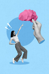 3d retro abstract creative collage artwork template of excited lady pointing finger paper brain...