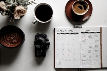  a desk with a camera, coffee, and calendar on it with a camera and a camera next to it on a table with a plant and a cup of coffee on it and a.