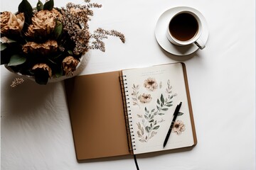  a notebook with a pen and a flower arrangement next to it on a table with a cup of coffee and a pot of flowers on top of the table is a white cloth with a.