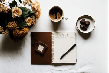  a notebook, pen, and flowers on a table with a cup of coffee and a vase of flowers on it and a notepad with a notepad on it and a white surface.