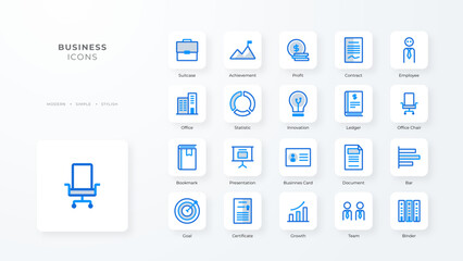 Business icon collection with blue duotone style. Corporate, currency, database, development, discover, document, e commerce. Vector illustration