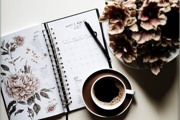  a cup of coffee and a planner on a table with flowers and a pen and a vase of flowers on the table next to it is a coffee cup with a notepad and a pen.