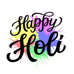 Happy Holi. Hand lettering text with color splashes isolated on white background. Vector typography for posters, banners, indian holiday decorations
