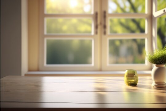  a table with a vase and a plant on it in front of a window with a view of the outside of the house and trees outside of the window with the outside in the picture.