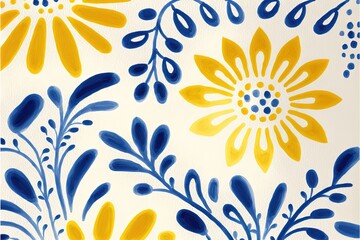 Fototapeta na wymiar a painting of yellow and blue flowers on a white background with a blue border around the edges of the image and a blue border around the edges of the image is a white border with a.