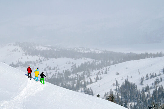 Three skiers point out their next move at a mountain resort near South Lake Tahoe, California.