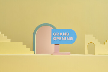Text Grand OPENING on blue signboard stand in entrance