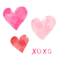 Hand drawn watercolor set of 3 hearts and XOXO text on white background 