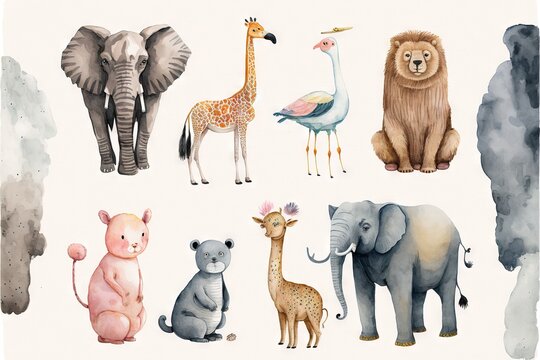  a group of animals that are standing in the grass together on a white background with a watercolor effect of them and the animals are all different colors of the same size and shape and size.