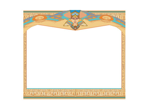 vintage card - decorative frame with hieroglyphs and egyptian queen