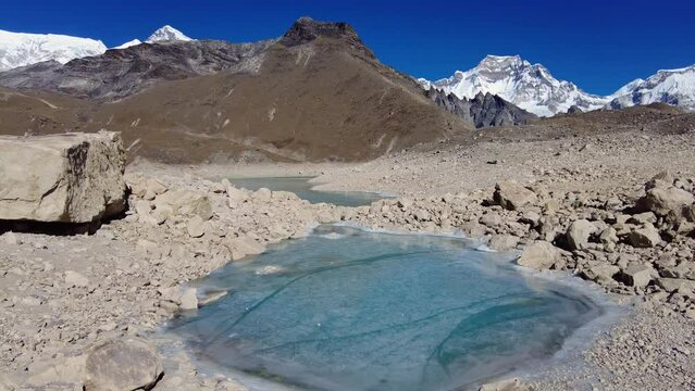 Gokyo, Nepal: Panoramic view of the Gokyo 5th lake, on the way to the Cho Oyu base campe, in the Himalayas in the Khumbu Everest region in Nepal. 