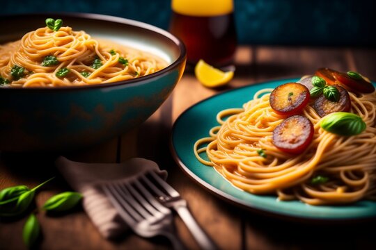 Delicious close up of a pasta meal on table setting.
wine, pasta, food, art