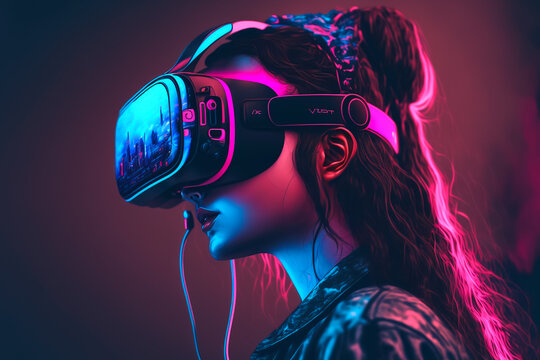 Side view of woman using VR headset dark background. Generative AI