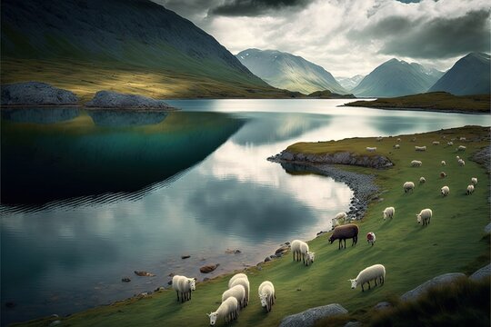  a painting of sheep grazing on a grassy field next to a lake and mountains in the background with a cloudy sky above them, and a lake below, with a few clouds, and a few.