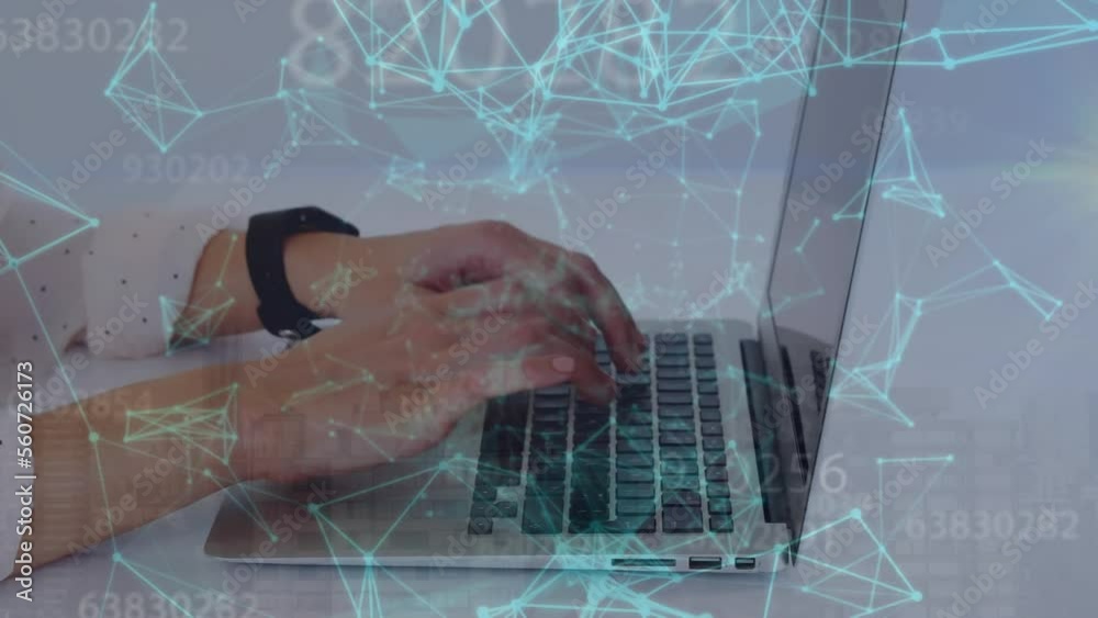 Poster animation of plexus networks and multiple changing numbers over mid section of woman using laptop
