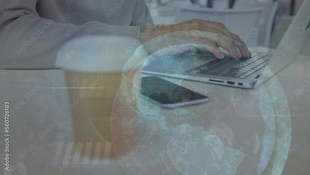 Poster animation of cyber security data processing and globe over mid section of man using laptop at a cafe