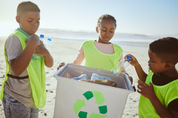 Group of children cleaning beach or recycling plastic for education, learning or community help in climate change project, ngo and charity. African friends with recycle box and teamwork on earth day - obrazy, fototapety, plakaty