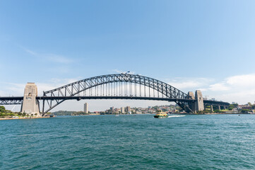 Sydney Architecture and Harbour Bridge with ferry. Wide Angle.
