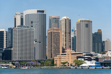 Fototapeta na wymiar Sydney Business District Architecture. Harbour with Ferry. Australia