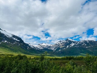 Beautiful green mountains, forest and hills, blue sky