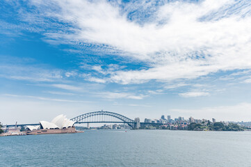 Fototapeta na wymiar Sydney Opera House and Harbour Bridge. Australia. River Water. Wide Angle