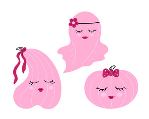 Pink pumpkin and ghost. Vector Illustration for printing, backgrounds, covers and packaging. Image can be used for greeting cards, posters, stickers and textile. Isolated on white background.