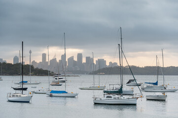Fototapeta na wymiar Watsons Bay in Sydney, Australia. Water with Yachts and Boats and Cityscape in Background. Australia