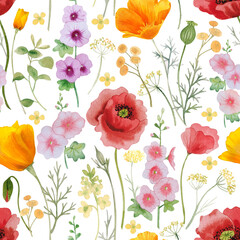 Watercolor wildflowers meadow pattern seamless