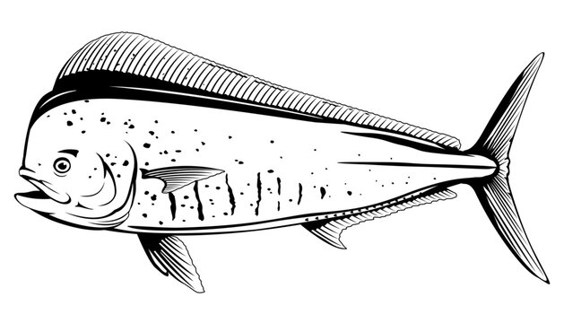 Common dolphinfish in side view in black and white color, isolated