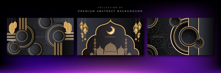Set of elegant 3d realistic black and gold ramadan kareem background