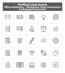 Office Stationery – Workplace, Desk, Documents and Computers Icons Set I