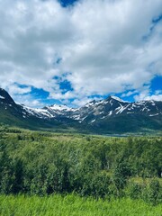 Obraz premium Beautiful green mountains, forest and hills, blue sky