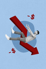Collage photo of young trader guy stay big red arrow decreasing minus profit problems recession...