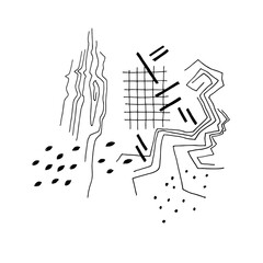 Hand drawn doodles. Abstract line art. Cells, dots, lines, wood texture, plant forms. For design