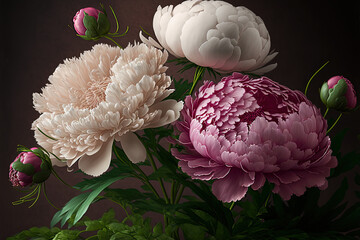 Beautiful Bouquet of Peonies, Pink Peony, White Peoni, Valentine's Day, Generative AI