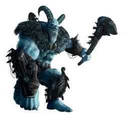 Ancient sea monster with a large stone hammer and fur on his shoulders in full growth without background. A huge muscular giant with a gray beard and horns in wooden ships armor, 3d fantasy character. © Dimart_Graphics