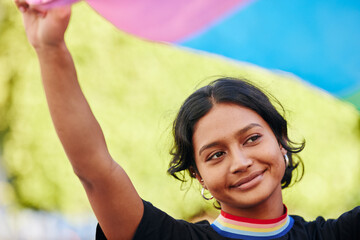 Rainbow, flag and gay pride with an indian woman in celebration of lgbt equality, inclusion or...
