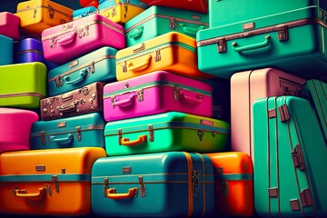 Fototapeta stacks of colorful suitcases for traveling in airport baggage claim area obraz