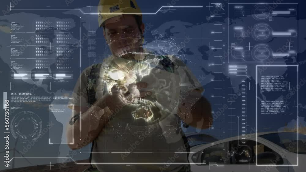 Poster animation of interface with data processing against caucasian male engineer using digital tablet
