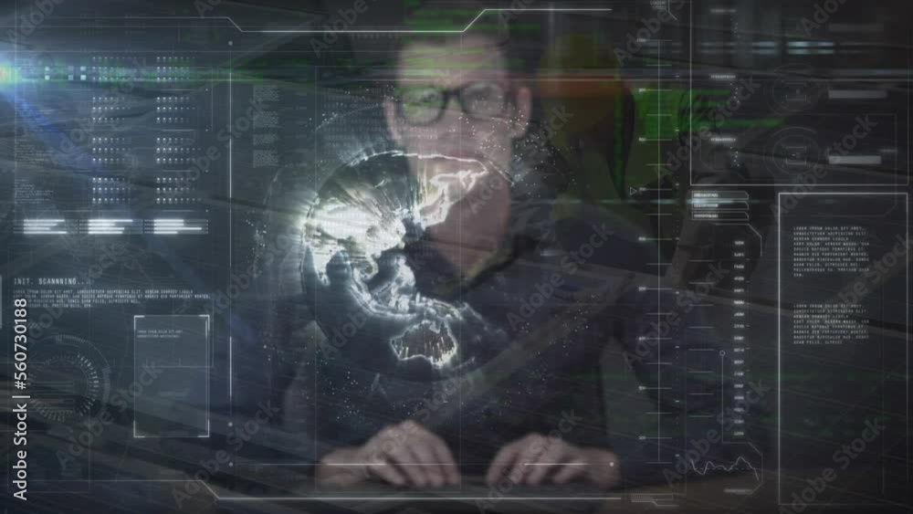 Poster animation of interface with data processing over caucasian man using computer against solar panels