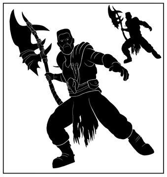 Brutal, strong man hunter with beard and short haircut. Mountain warrior, barbarian in leather armor with a large ax in his hand in full growth, no background, silhouette fantasy character.