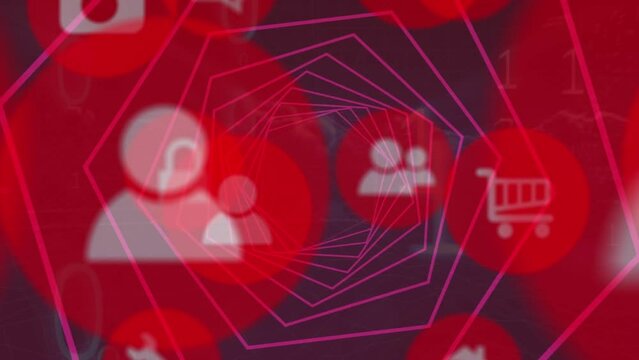 Animation of hexagonal shapes in seamless pattern over binary coding and multiple digital icons