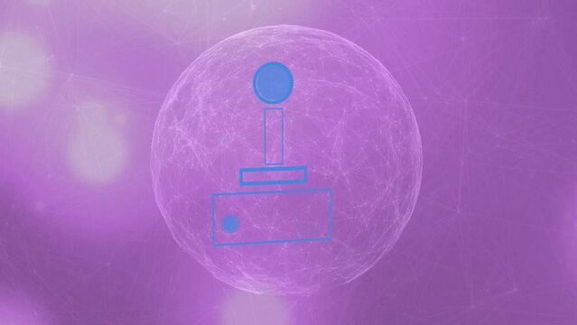 Animation of video game controller icon over globe of network of connections on purple background - Powered by Adobe
