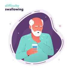 Vector illustration of a man in pain when swallowing. An elderly man suffering from dysphagia holds his throat with his hand. Symptoms of Parkinson's disease, multiple sclerosis, stroke.