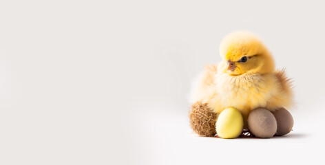Cute little yellow fluffy eastern chick on a white studio background with pastel easter eggs. Ultra Realistic Digital Illustration. With space for text and designs. © Frametechnics