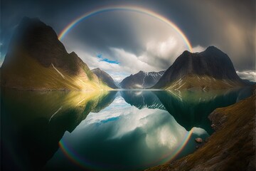  a rainbow is seen over a mountain lake with a rainbow in the sky above it and a rainbow in the water below it, with a mountain range in the background, and a rainbow.