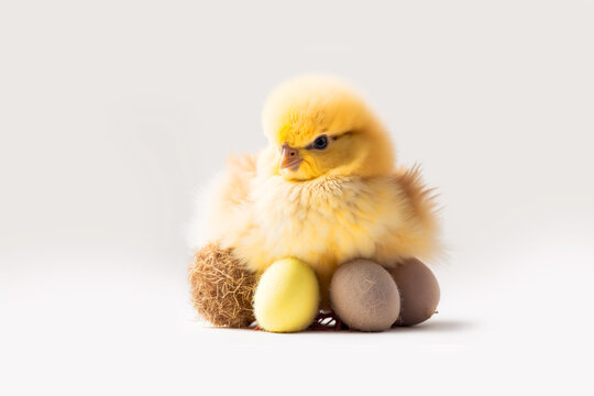 Cute little yellow fluffy eastern chick on a white studio background with pastel easter eggs. Ultra Realistic Digital Illustration. With space for text and designs.