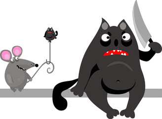 A small kind mouse with a ball in the form of a cat sits next to an evil black cat with a knife. Cartoon. halloween