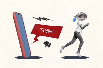 Collage photo of absurd headless woman blogger running away phone from abuse cyberbullying dislikes...