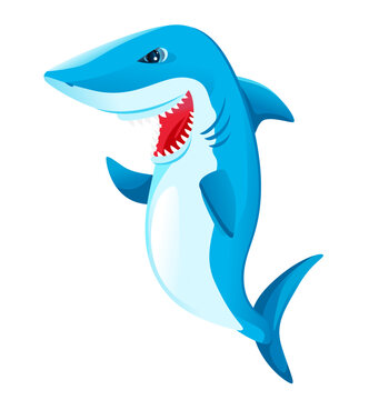 One big white shark cartoon with open mouth and waving with a fin in vertical posture, isolated